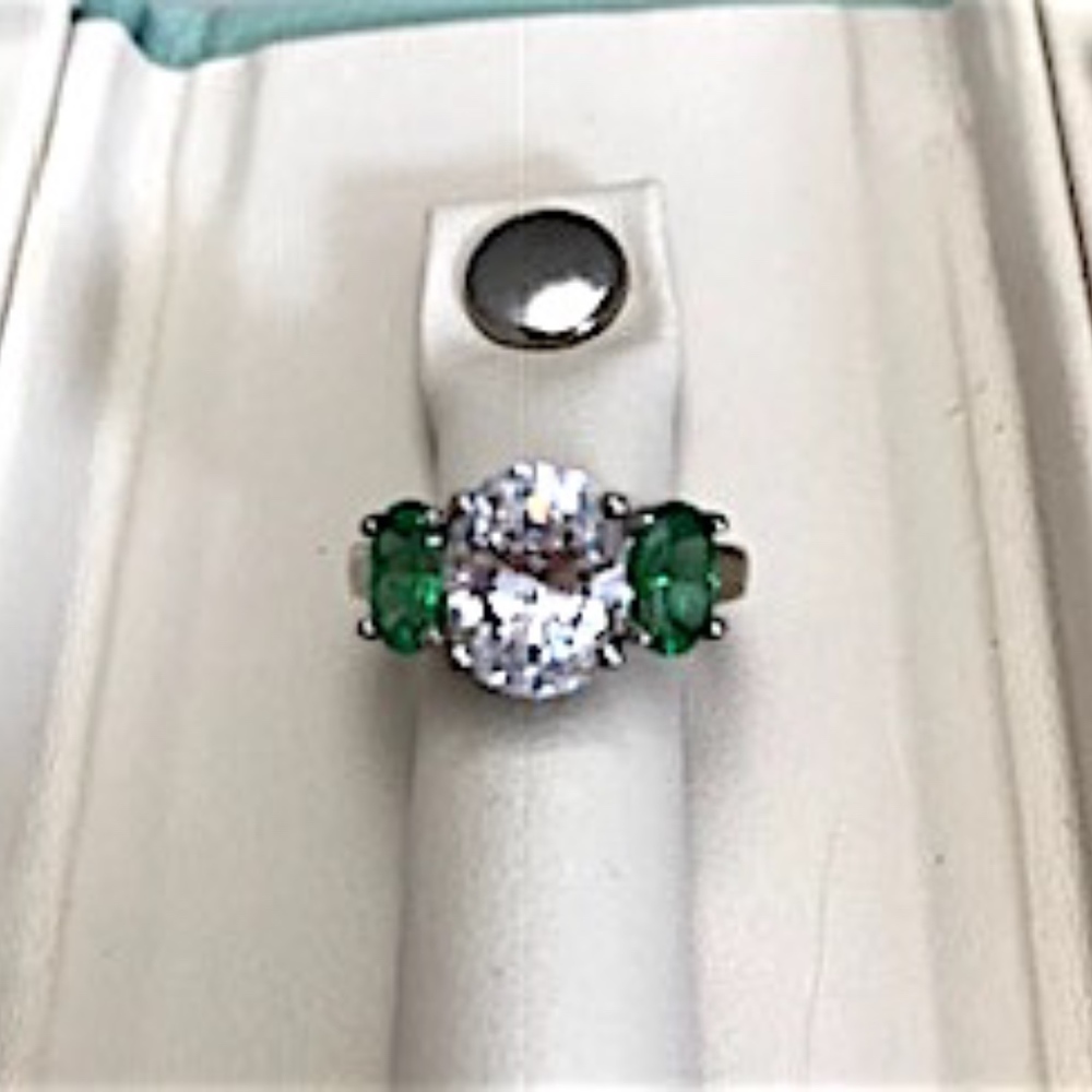 Stunning Large Diamonique CZ Ring w/ Emeralds